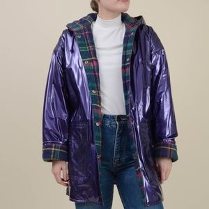 Shiny Purple Wippette Raincoat | Insulated Plaid Flannel Lining w/ Hood | Small